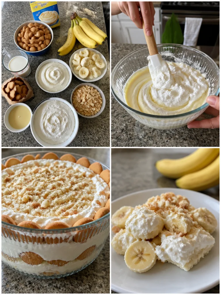 Delicious layered banana pudding dessert with bananas and whipped cream