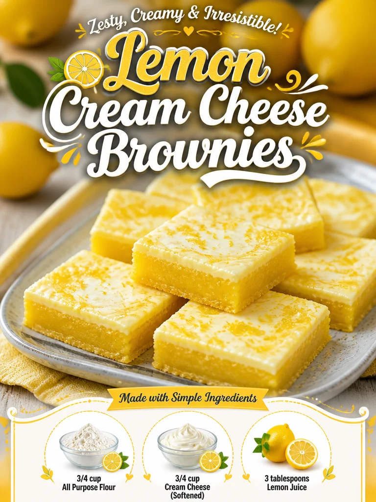 Delicious Lemon Cream Cheese Brownies on a white plate.