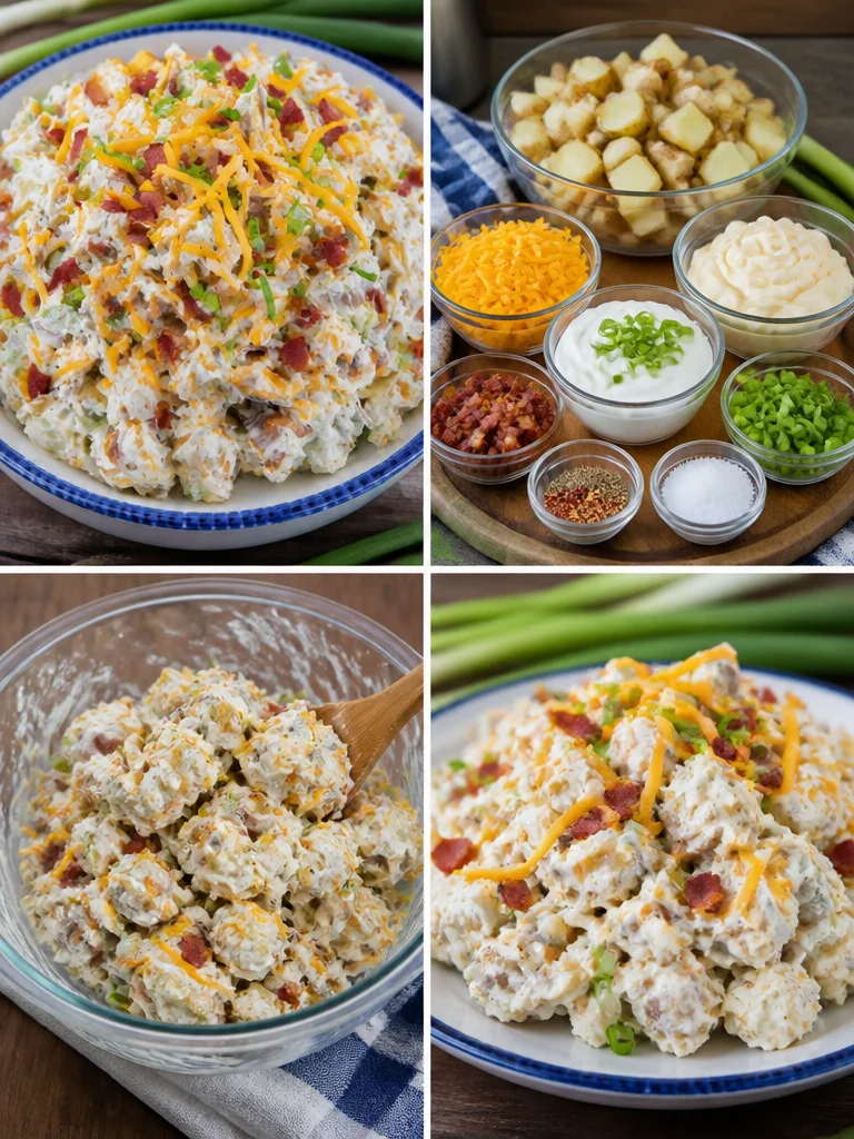 Loaded Baked Potato Salad Loaded baked potato salad with cheese, bacon, and green onions in a bowl