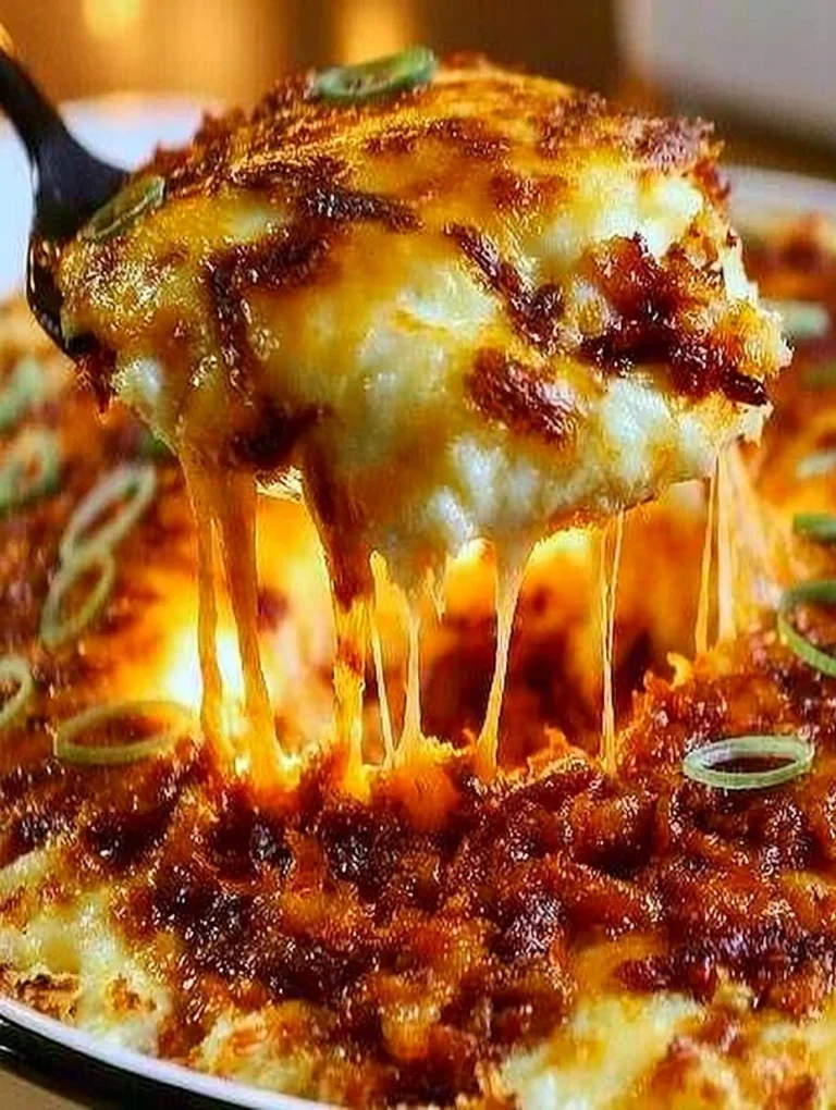 Mashed Potato Casserole Creamy mashed potato casserole topped with cheese and herbs in a baking dish.