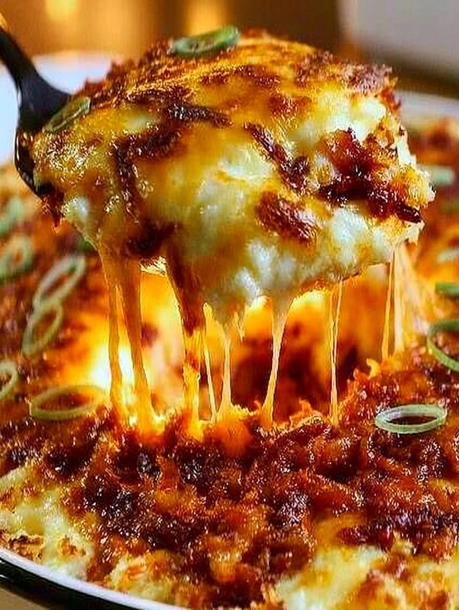 Mashed Potato Casserole Creamy mashed potato casserole topped with cheese and herbs in a baking dish.