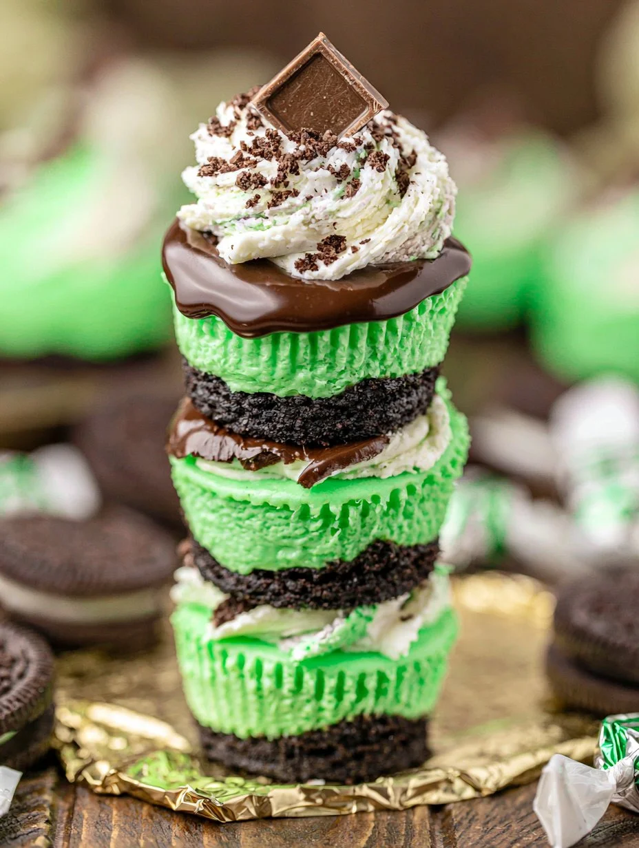Delicious Mini Andes Mint Cheesecakes topped with chocolate and mint.