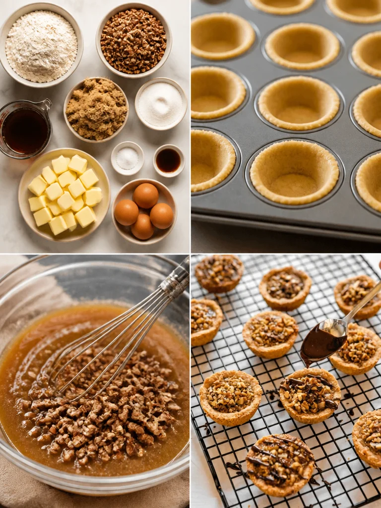 Mini Pecan Pies Delicious mini pecan pies displayed on a wooden table, perfect for dessert.