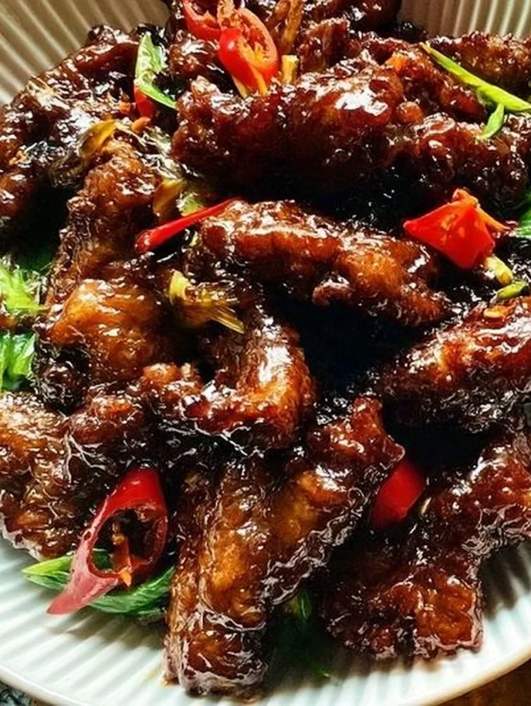Delicious plate of Mongolian Beef with tender beef and vibrant vegetables
