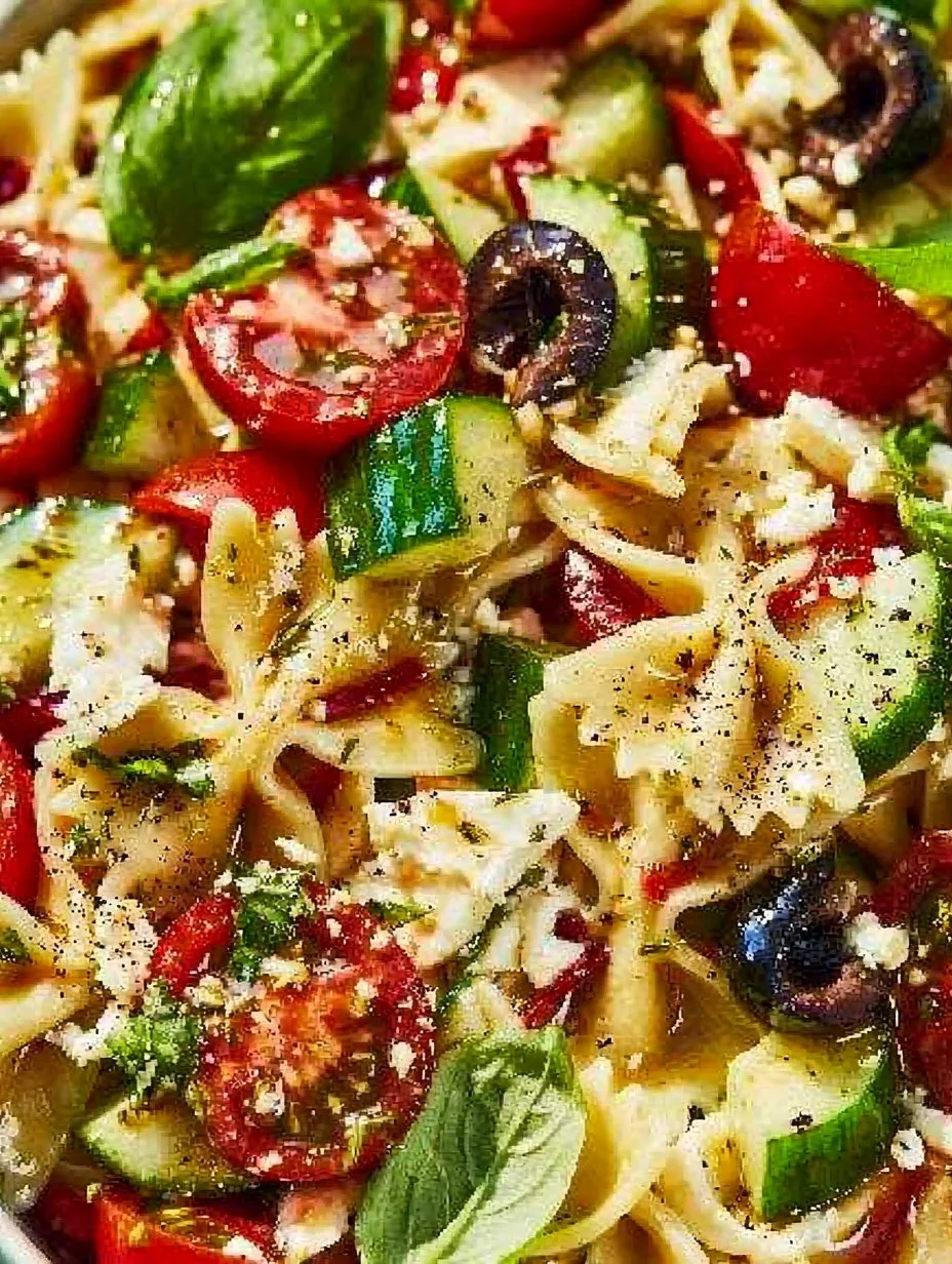 Delicious big pasta salad with fresh vegetables and dressing