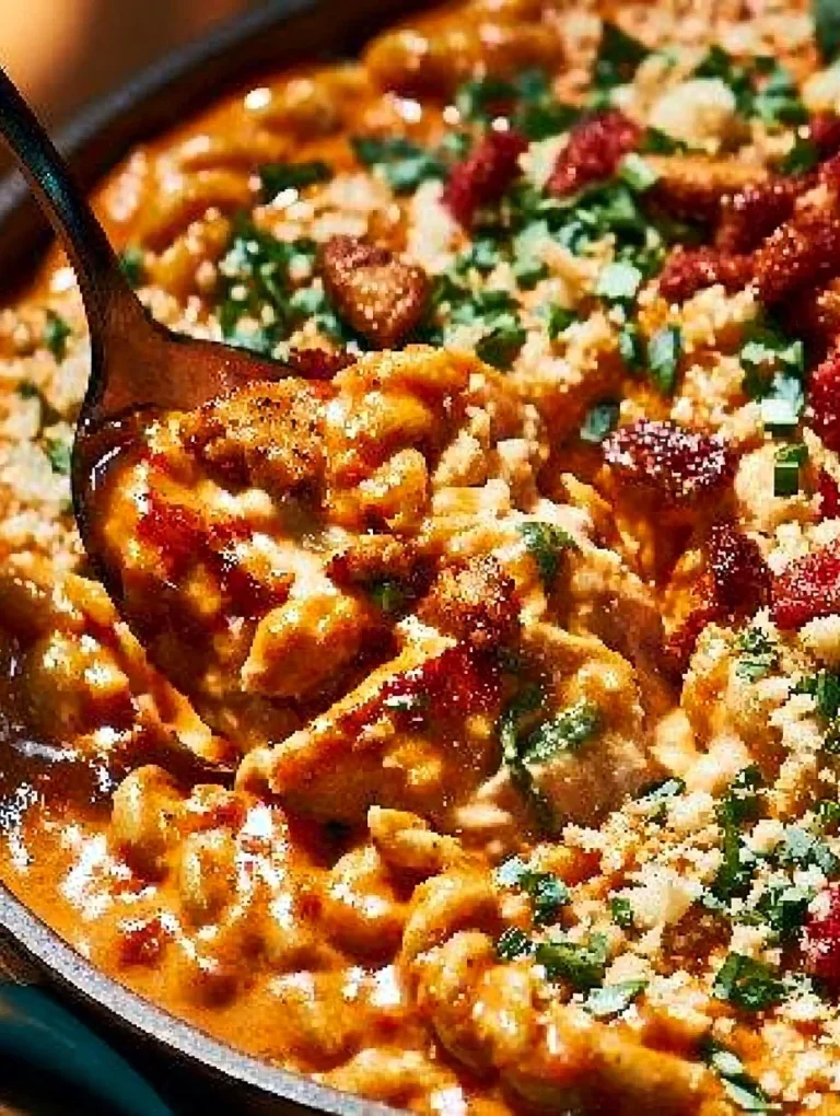 One pot chicken orzo with crispy salami One pot chicken orzo dish with crispy salami garnished with herbs