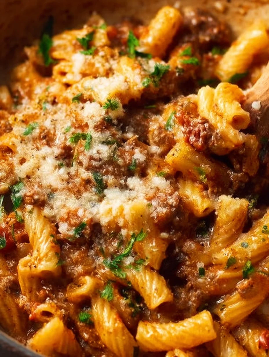 Delicious one pot creamy tomato beef pasta in a bowl, topped with fresh herbs.