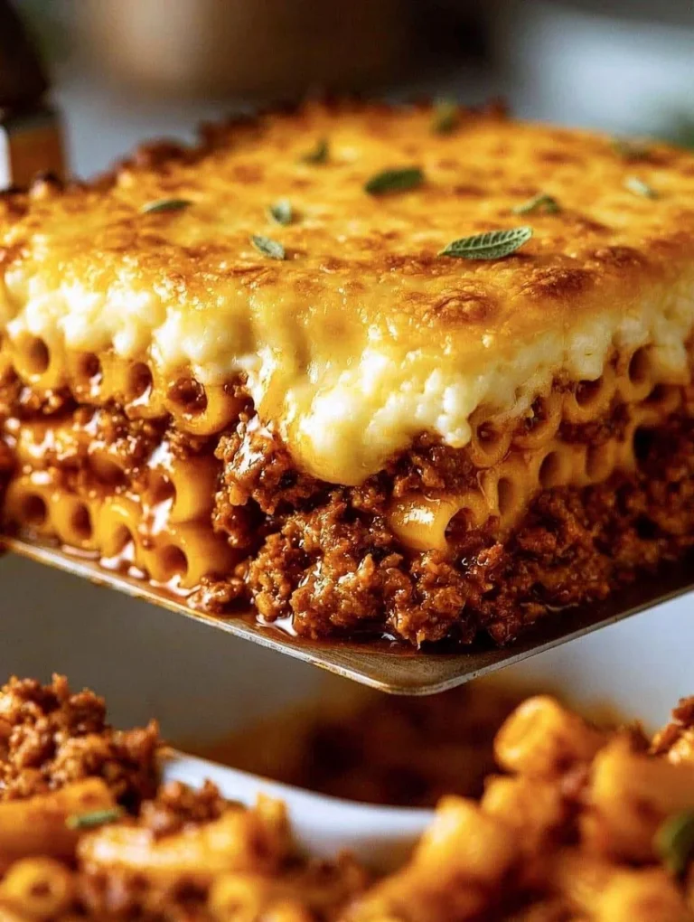 Pastitsio (Greek Pasta Bake) Delicious serving of Pastitsio, a traditional Greek pasta bake with layers of flavor.