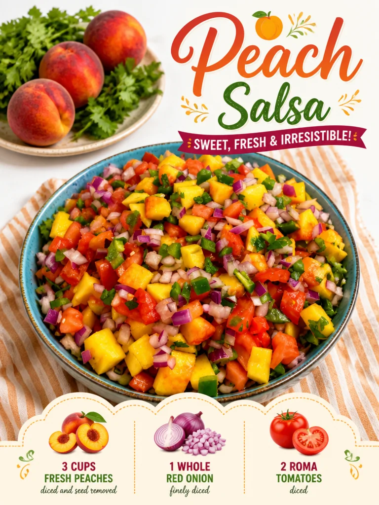 Delicious homemade Peach Salsa served in a bowl with fresh ingredients.