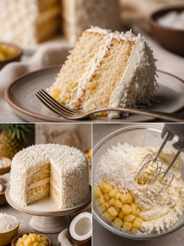 Pineapple Coconut Cake Delicious Pineapple Coconut Cake topped with coconut shavings and pineapple slices.