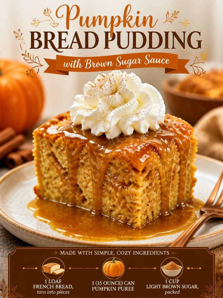 Delicious pumpkin bread pudding topped with rich brown sugar sauce