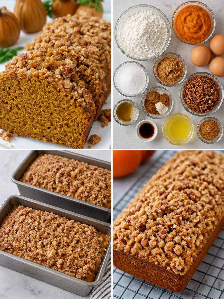 Pumpkin Bread with Brown Sugar Pecan Topping Sliced pumpkin bread with a brown sugar pecan topping on a rustic plate