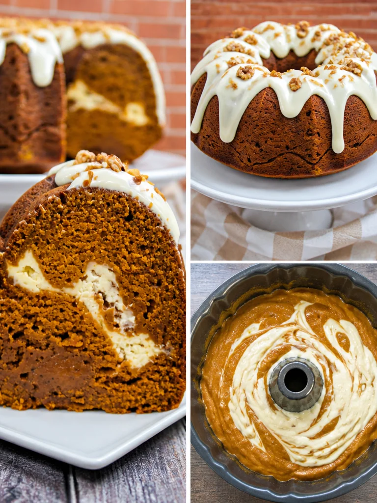 Slice of Pumpkin Cheesecake Bundt Cake topped with whipped cream and pumpkin spice