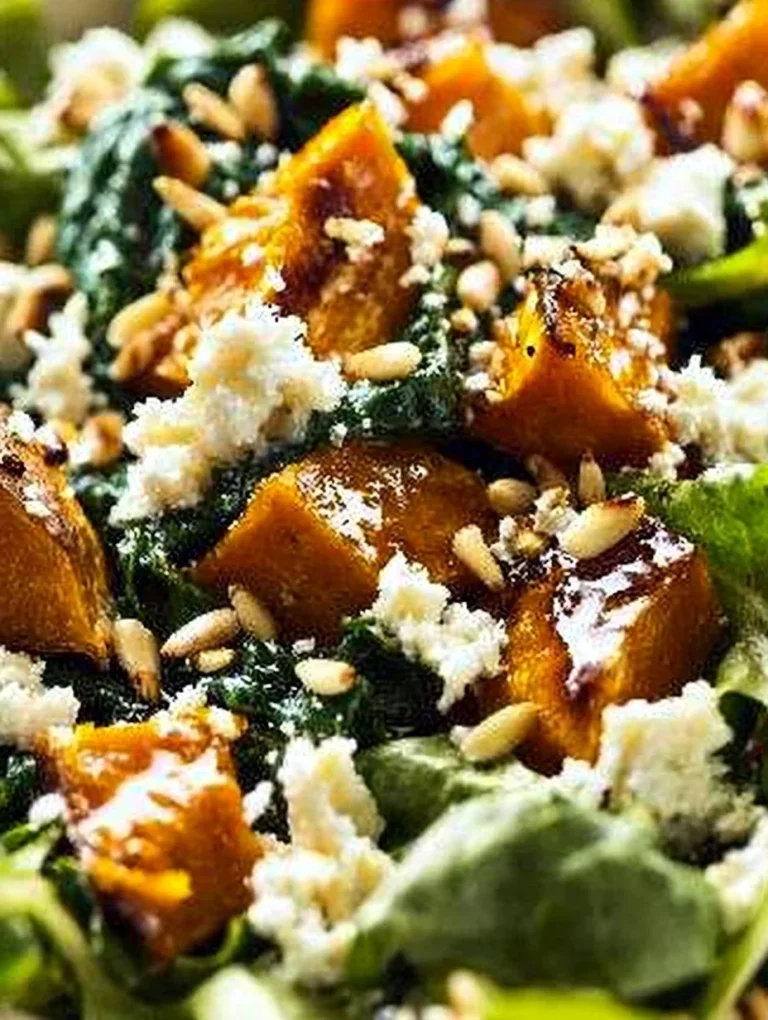 Roast pumpkin, spinach, and feta salad in a bowl garnished with seeds