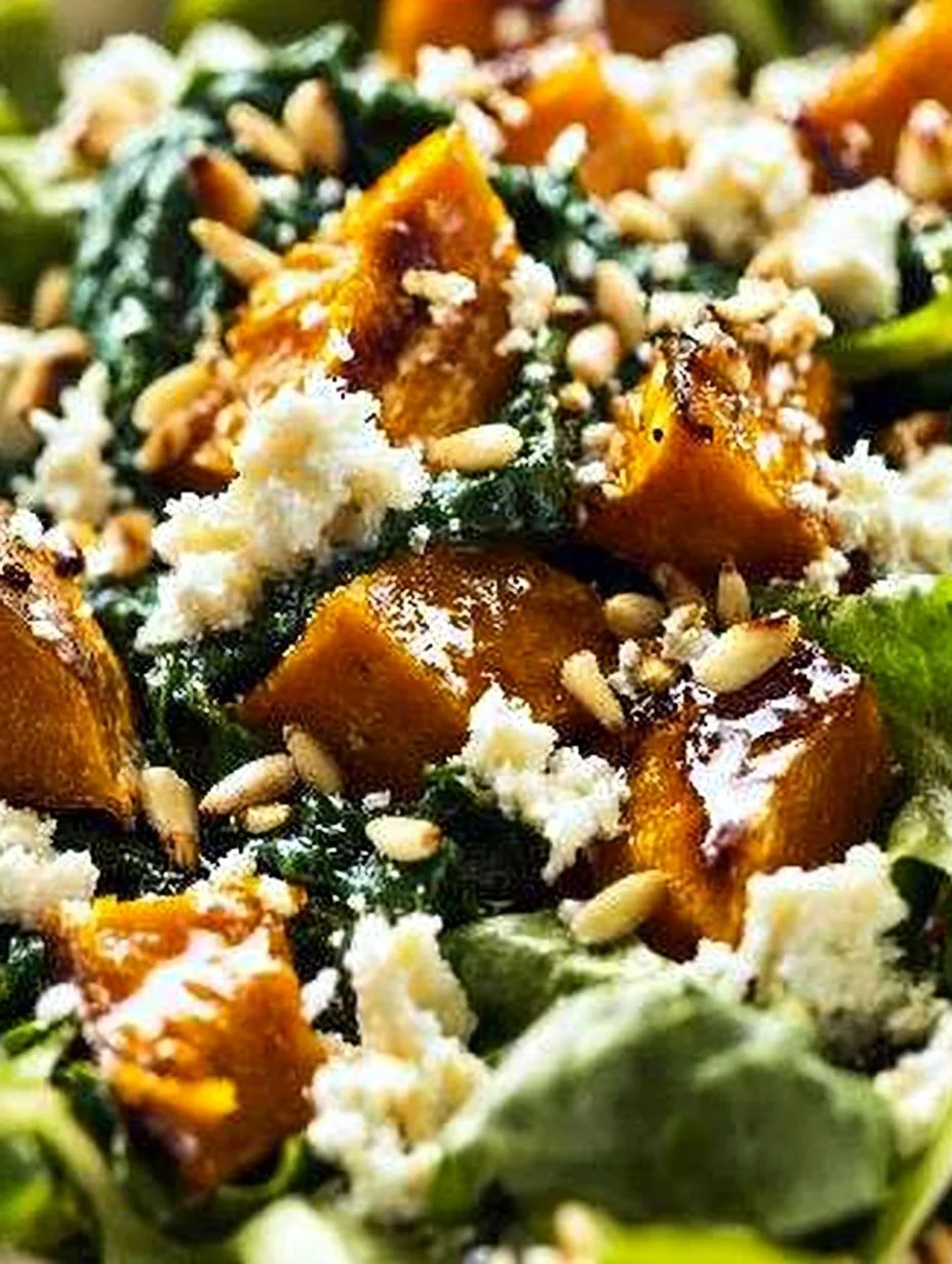 Roast Pumpkin, Spinach and Feta Salad Roast pumpkin, spinach, and feta salad in a bowl garnished with seeds