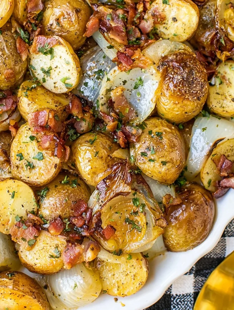 Roasted red potatoes with bacon and onion served in a dish