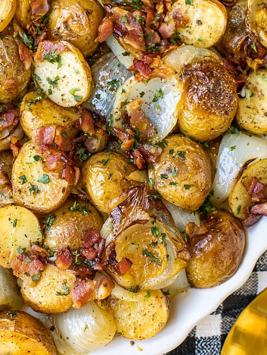 Roasted red potatoes with bacon and onion served in a dish