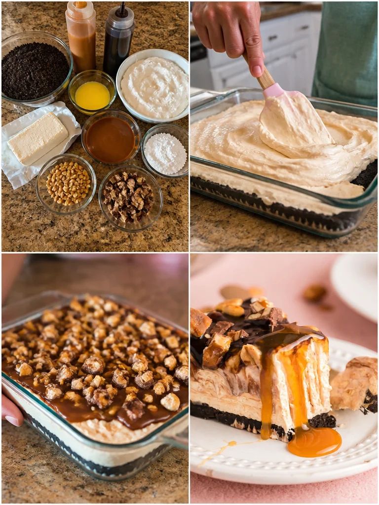 Snickers Pie Delicious homemade Snickers Pie topped with chocolate and caramel drizzle