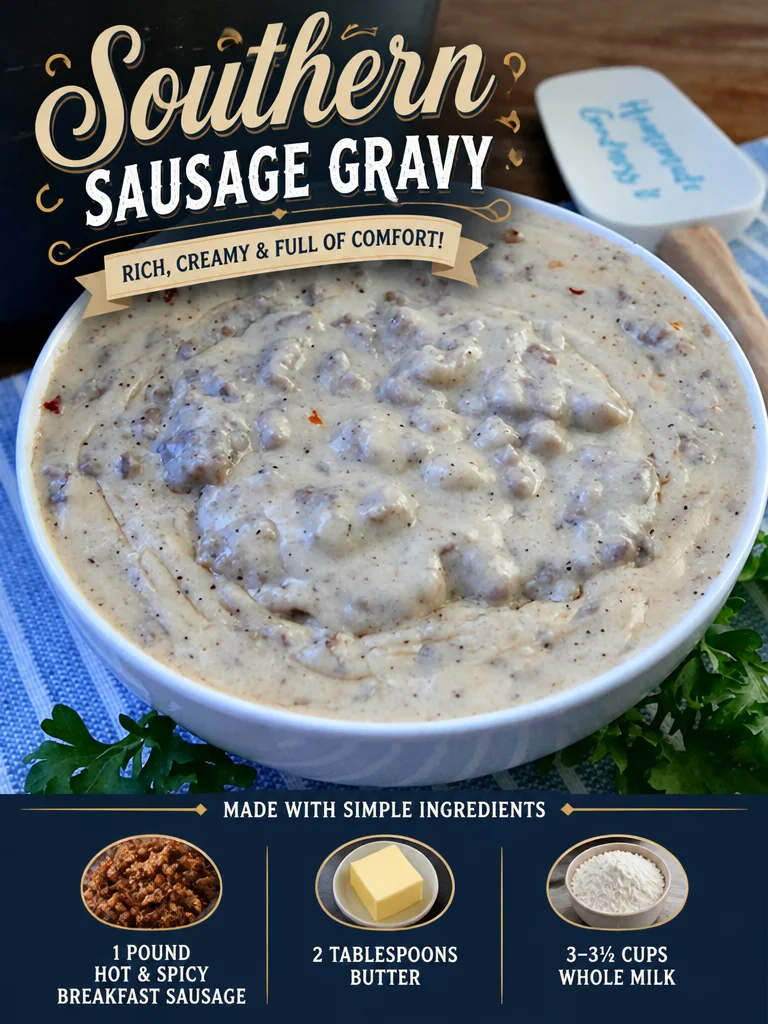 Southern Sausage Gravy Bowl of Southern sausage gravy served with biscuits