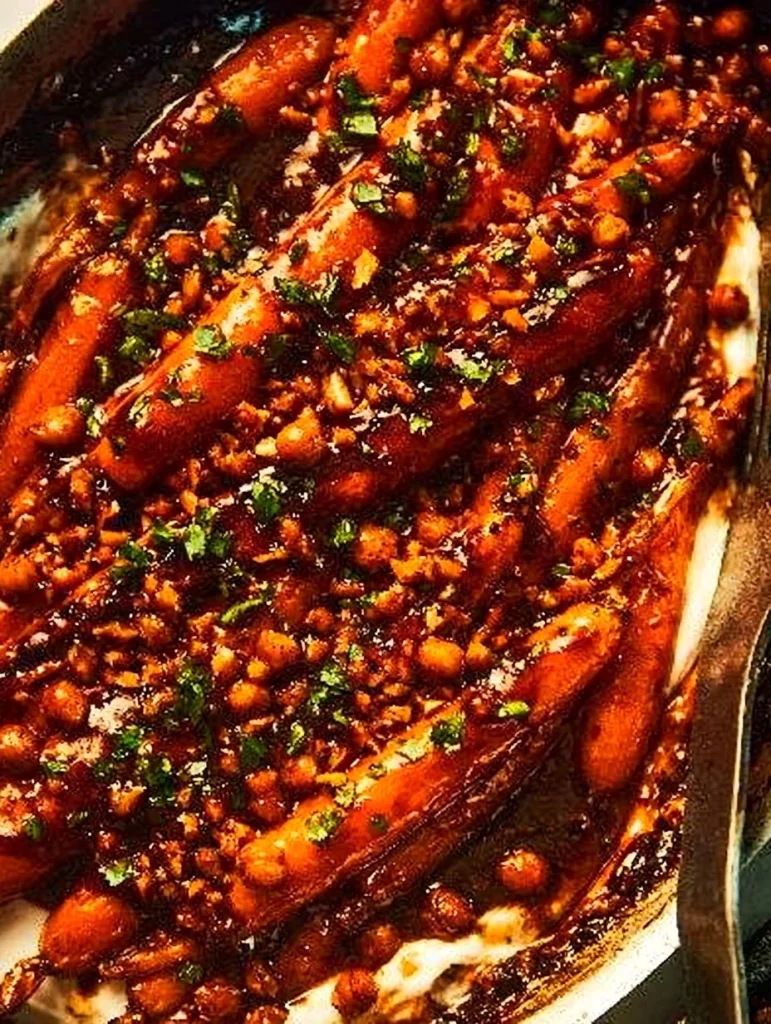 Spicy maple roast carrots topped with crispy chickpeas and drizzled with yogurt sauce.