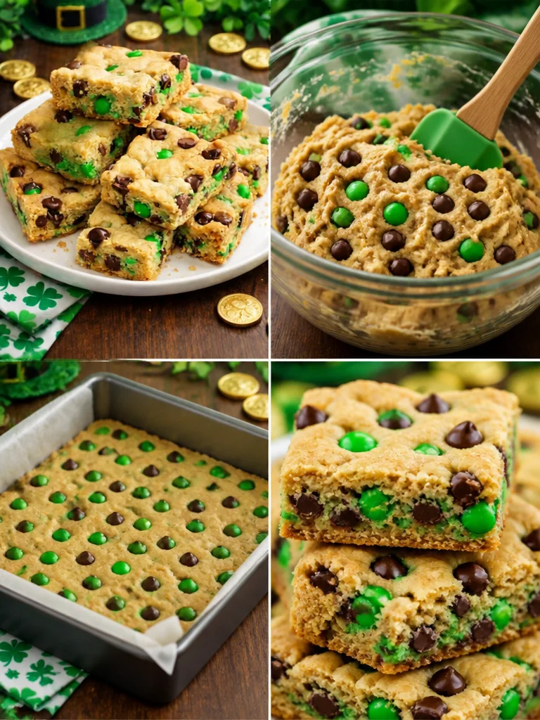 St. Patrick’s Day Chocolate Chip Cookie Bars St. Patrick’s Day themed chocolate chip cookie bars with festive decorations.