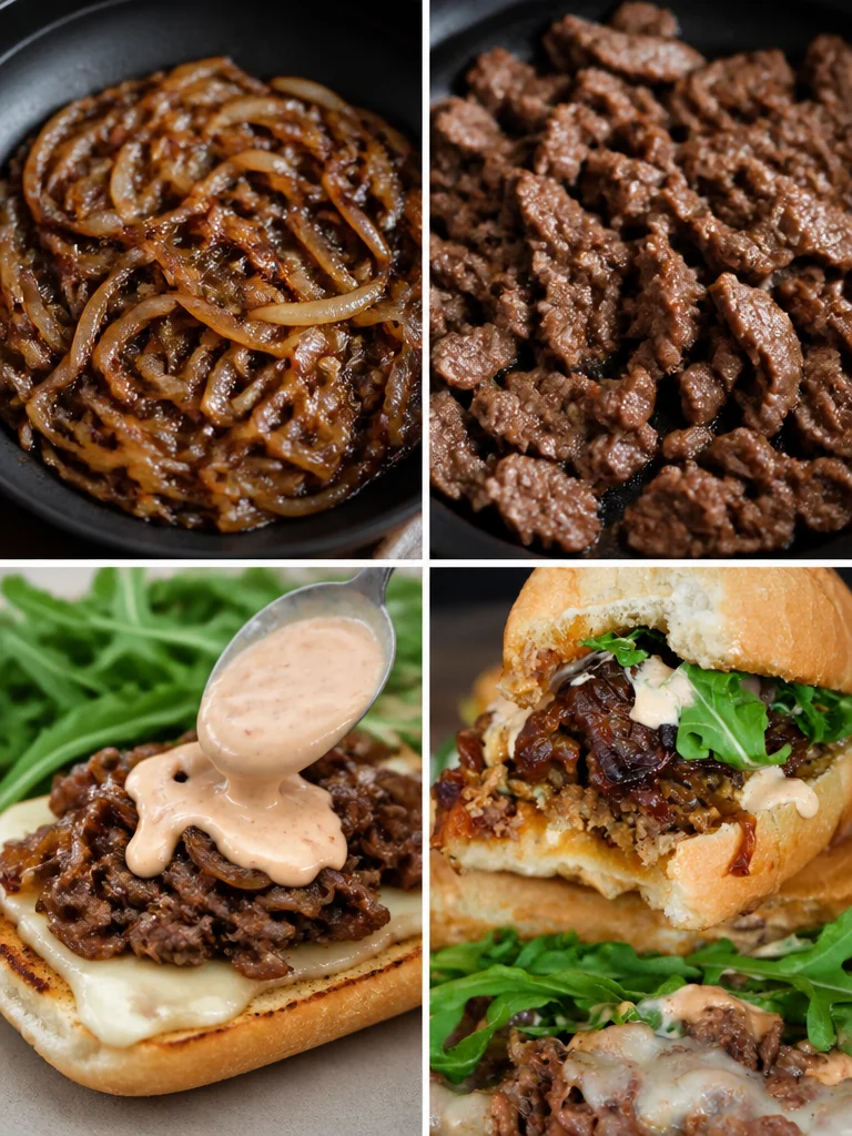 Steak Sandwich with Caramelized Onions and Smoky Aioli Delicious steak sandwich with caramelized onions and smoky aioli on a plate