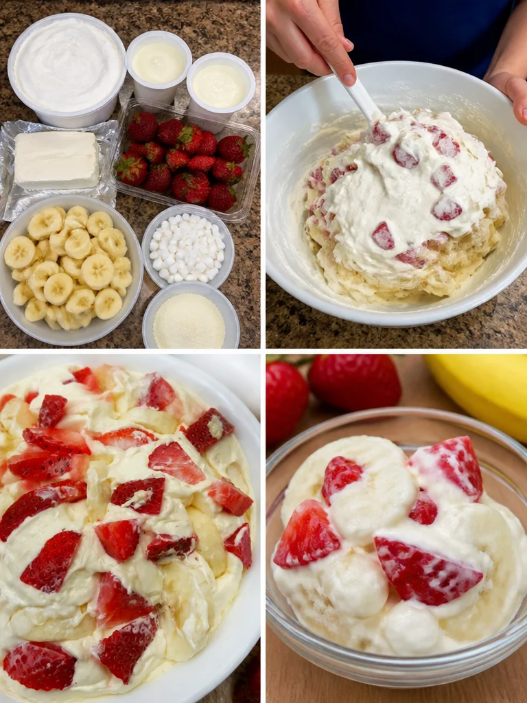 Strawberry Banana Cheesecake Salad! Delicious Strawberry Banana Cheesecake Salad served in a bowl
