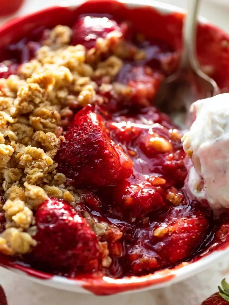 Delicious homemade strawberry crumble dessert with a crispy topping.