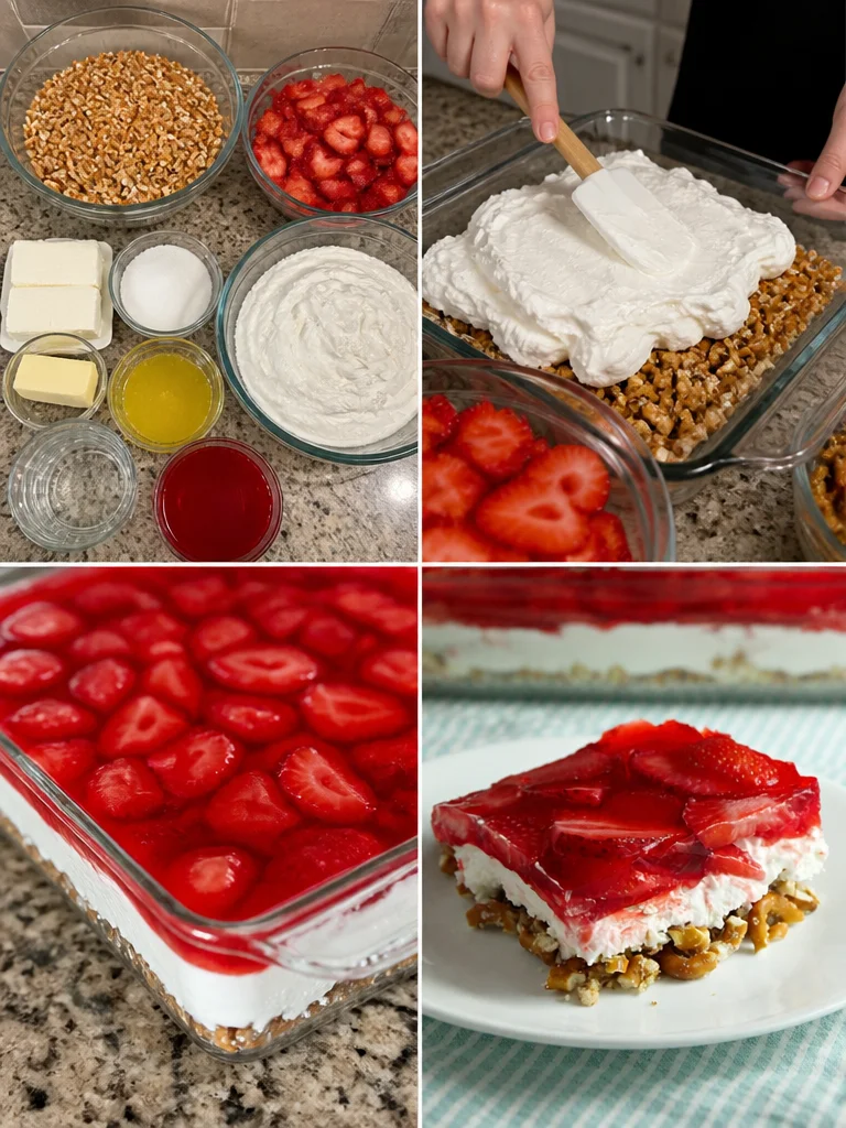 Strawberry Pretzel Salad! Delicious Strawberry Pretzel Salad with strawberries and pretzel crust