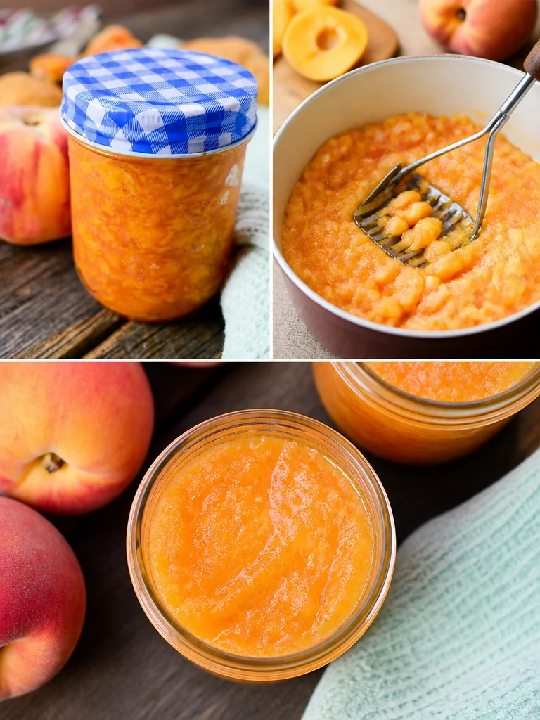 Delicious sugar-free peach freezer jam in a jar with fresh peaches