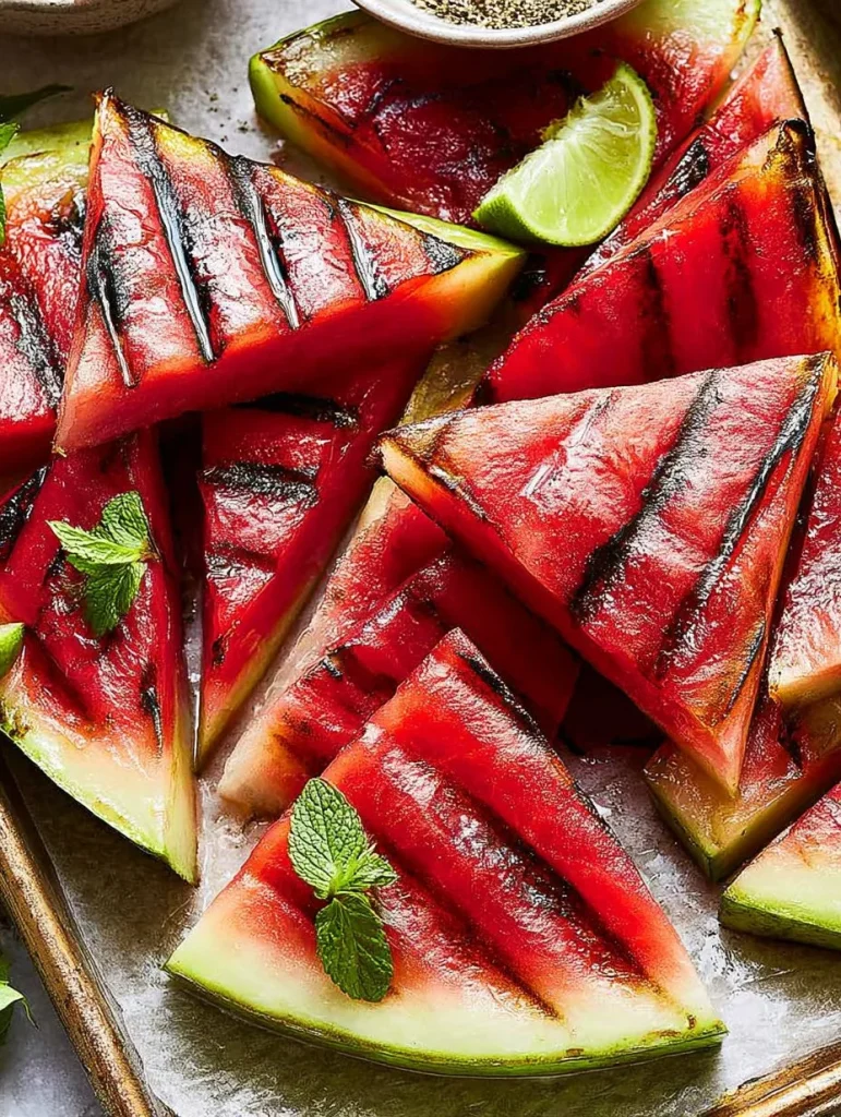 Grilled watermelon slices with a sweet and salty glaze on the BBQ grill.