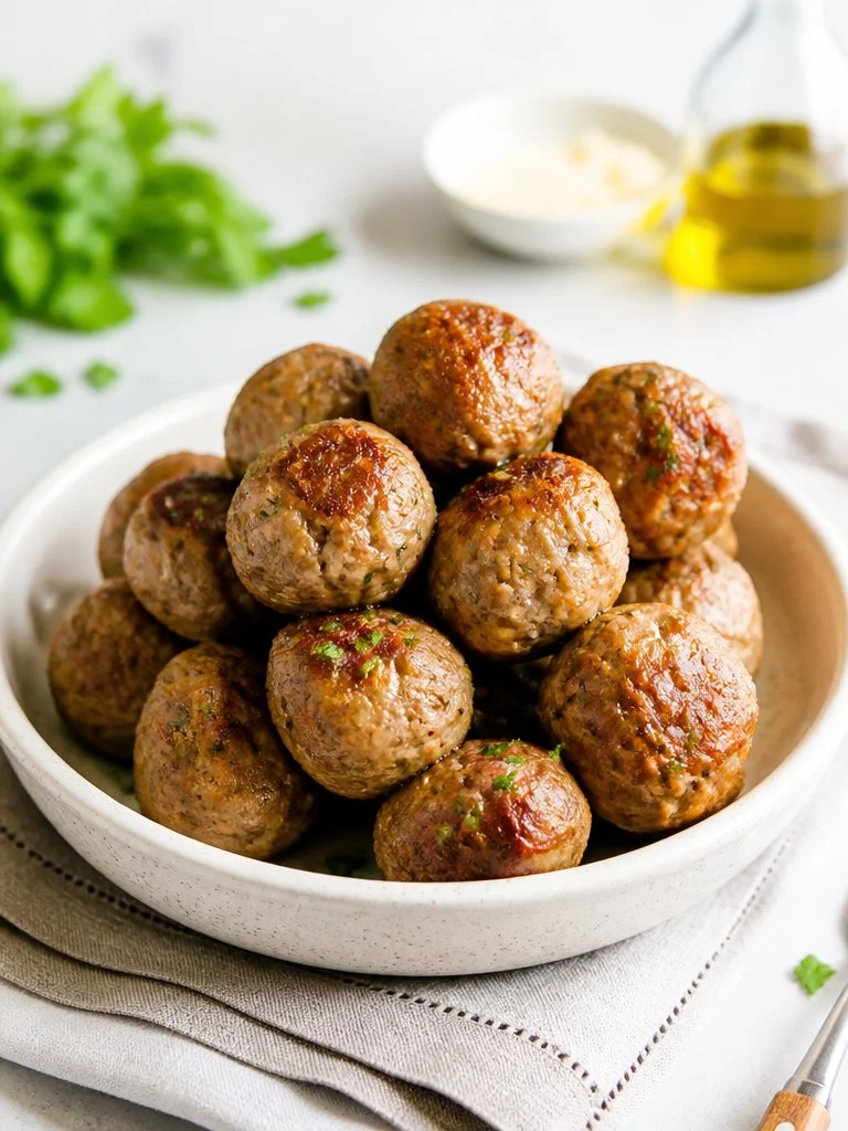 Turkey Meatballs Plate of homemade turkey meatballs served with sauce and herbs