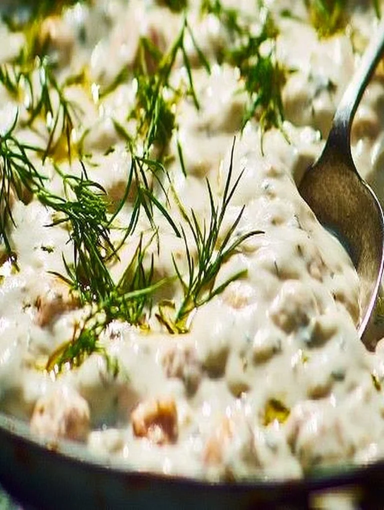 Bowl of Tzatziki Chickpea Salad with fresh vegetables and creamy dressing