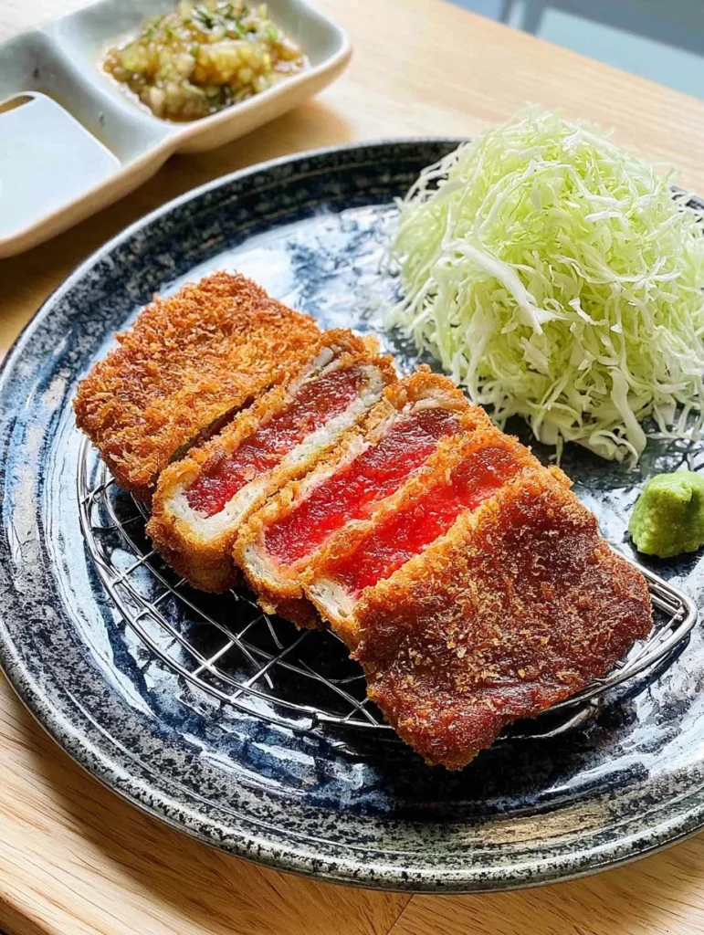 Delicious Wagyu-Melon Katsu featuring tender wagyu beef and juicy watermelon.