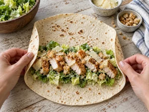 Folding a tortilla around crispy chicken Caesar salad filling