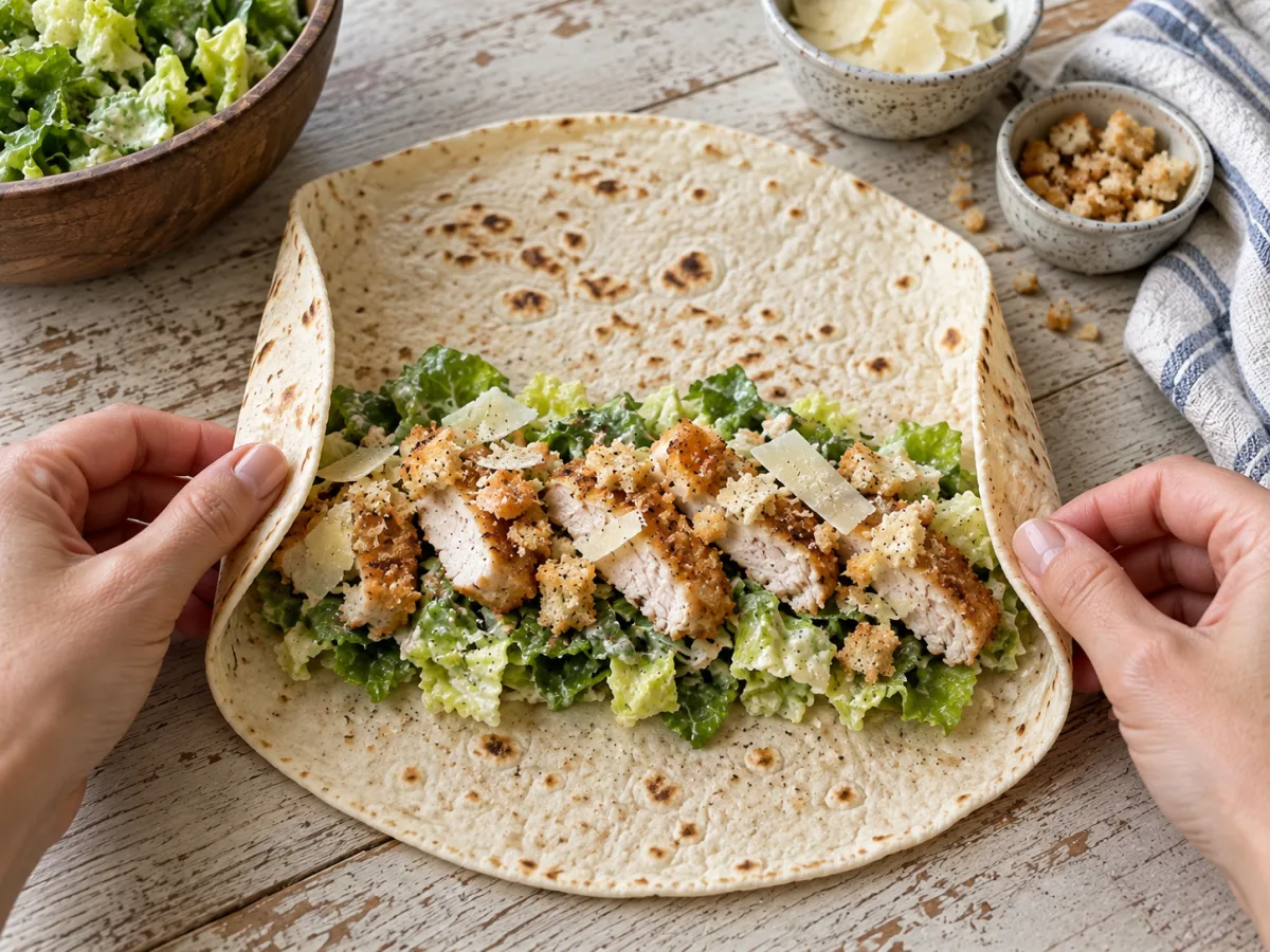 Folding a tortilla around crispy chicken Caesar salad filling