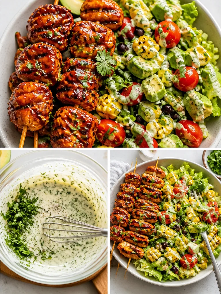 BBQ Chicken Skewer Salad BBQ chicken salad with colorful vegetables and grilled skewers