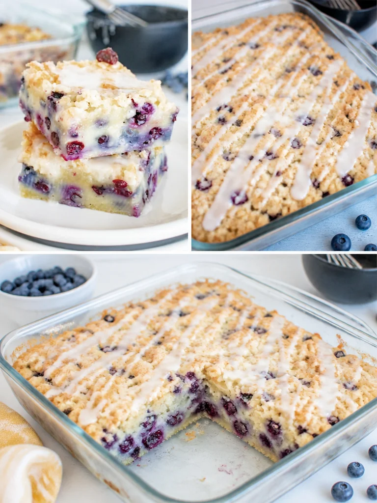 Blueberry Muffin Cake with a Streusel Topping & Vanilla Glaze Blueberry muffin cake with streusel topping and vanilla glaze on a plate