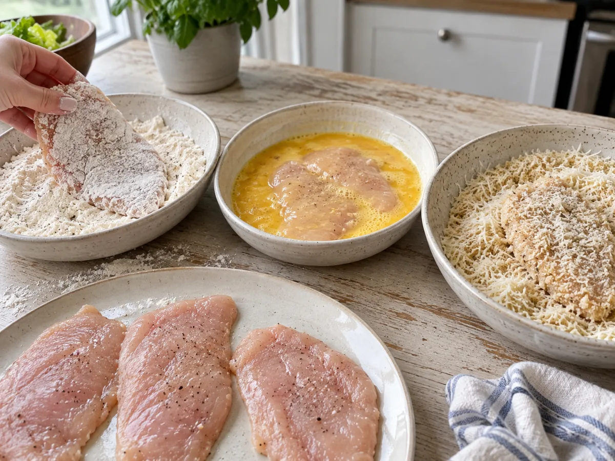 Chicken cutlets with flour egg and Parmesan panko breading bowls