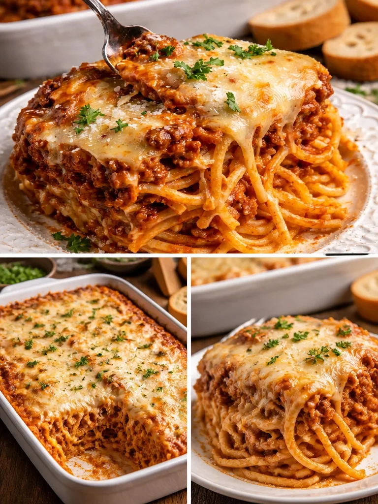 Cheesy Beefy Baked Spaghetti topped with melted cheese and ground beef