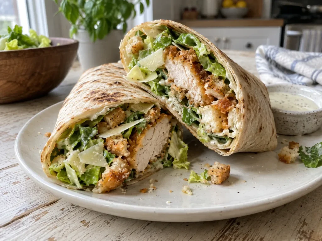 Crispy chicken Caesar wraps cut in half on a ceramic plate
