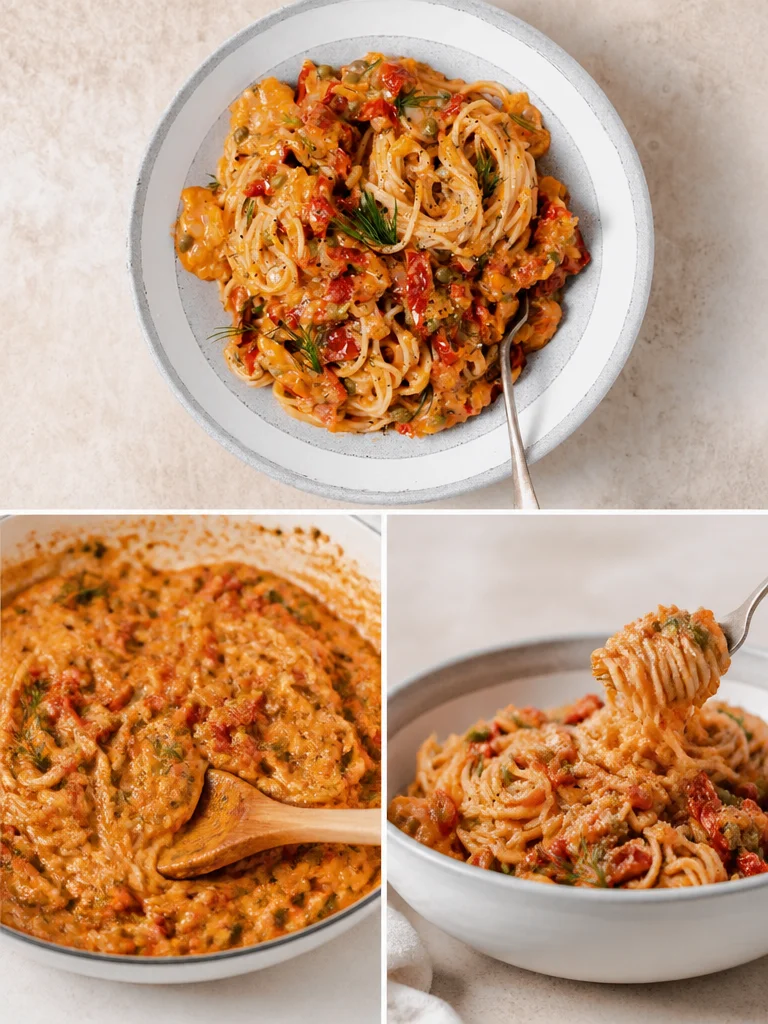 Creamy Sun-Dried Tomato Pasta with Capers and Dill Creamy sun-dried tomato pasta with capers and dill served in a bowl