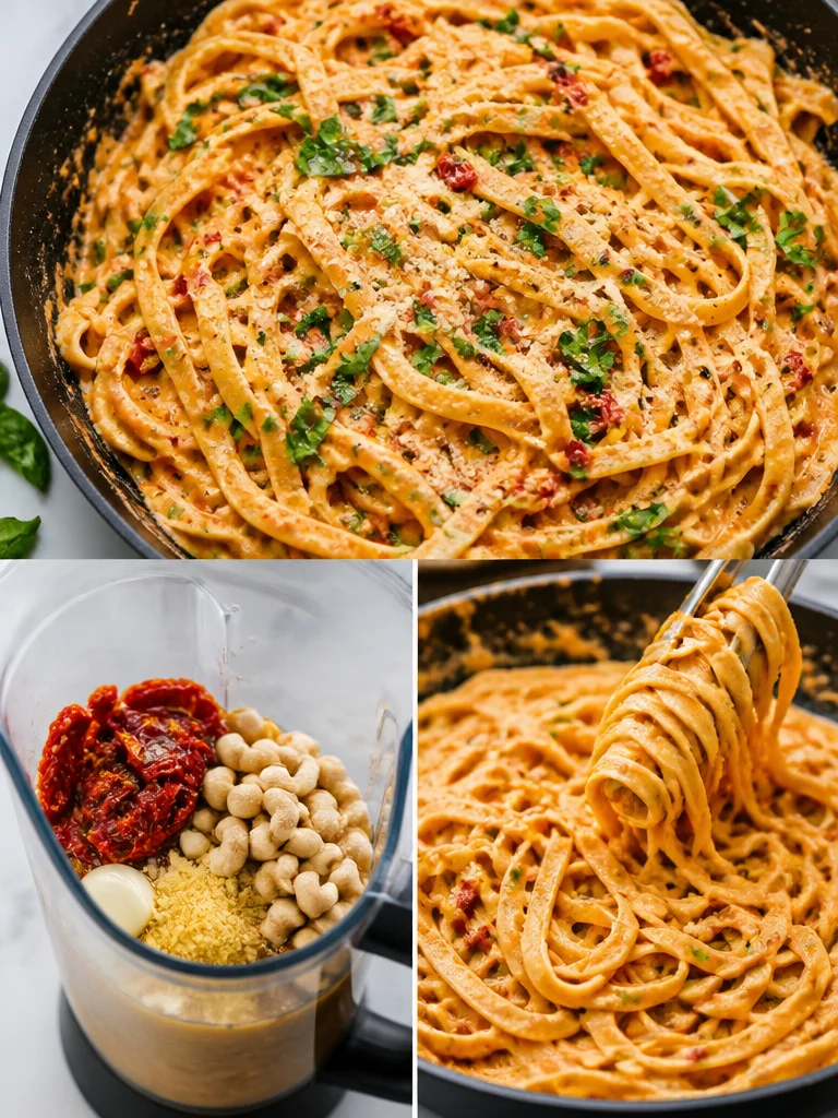 Creamy Vegan Sun-Dried Tomato Pasta Creamy vegan sun-dried tomato pasta with fresh ingredients and vibrant colors