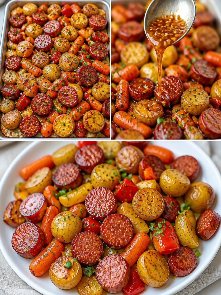 One-pan honey garlic beef kielbasa with colorful veggies on a serving plate