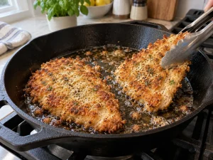 Parmesan panko chicken cutlets frying until golden in a skillet