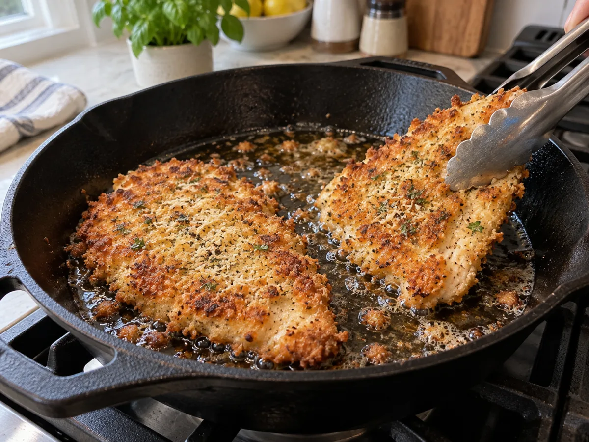 Parmesan panko chicken cutlets frying until golden in a skillet