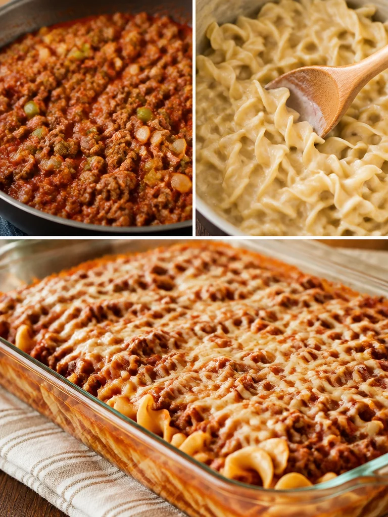 Hamburger Noodle Bake Delicious Hamburger Noodle Bake served in a casserole dish