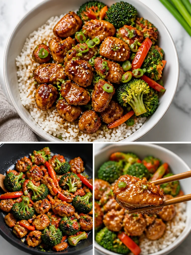 Delicious healthy sticky chicken bowls with fresh vegetables and rice