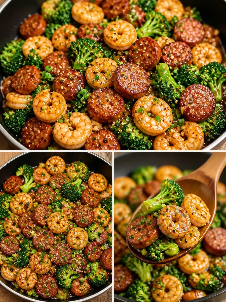 Honey garlic shrimp with chicken sausage and broccoli in a serving bowl