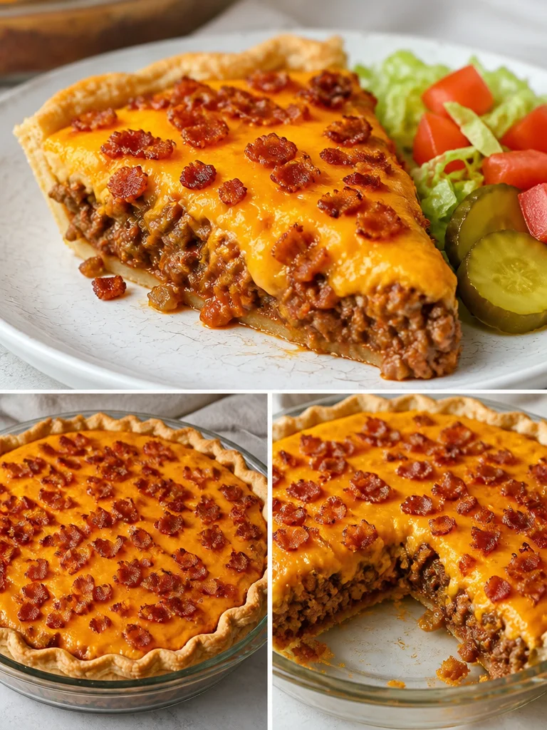 Italian Bacon Cheeseburger Pie Delicious Italian Bacon Cheeseburger Pie served on a plate